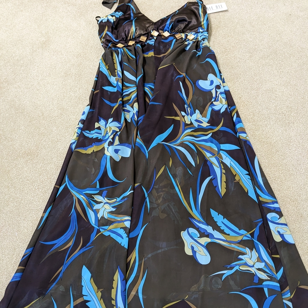 New Chic Brown and Blue Floral Maxi Halter Dress
